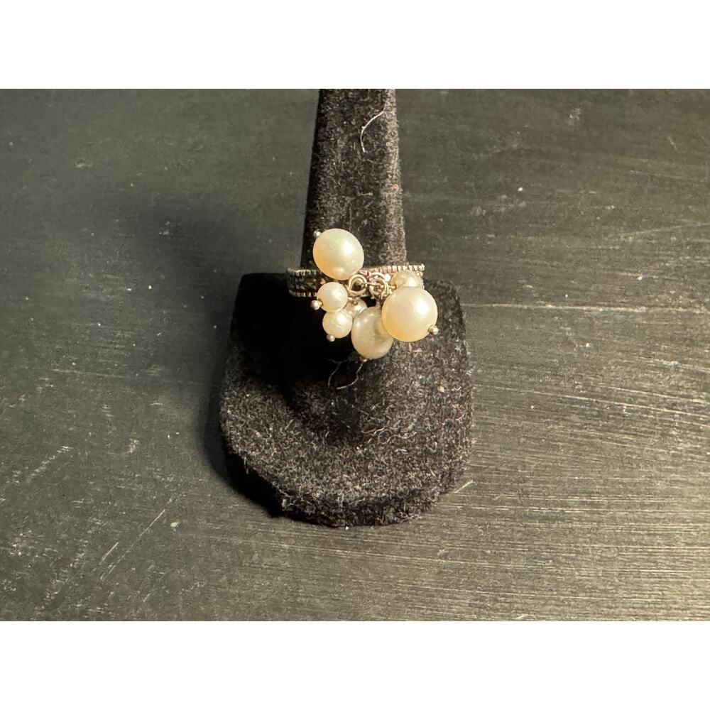 Vintage Sterling Judith Jack Marcasites Dangle Cha Cha Real Pearls Ring Size 6